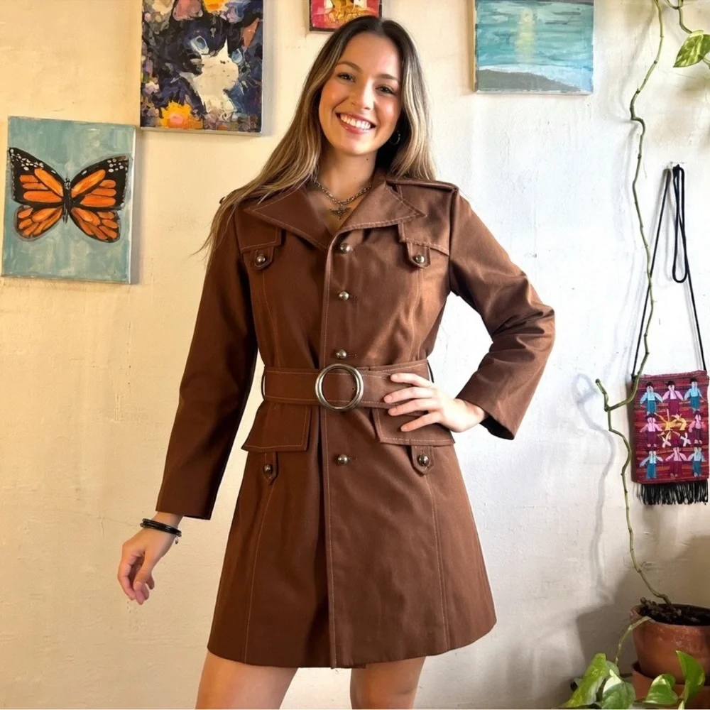 American Vintage Brown Double-Breasted Belted Trench Coat - Picture 1 of 12